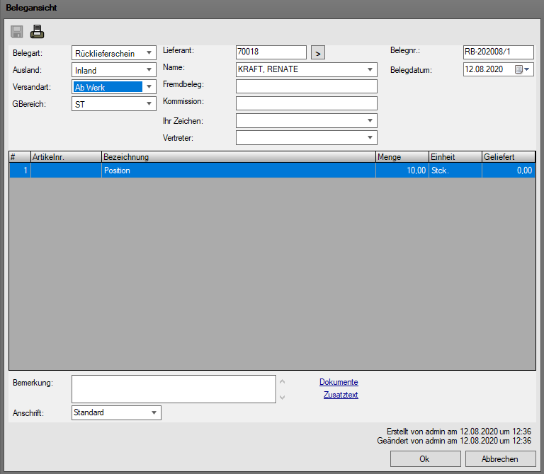 Belegansicht Einkauf
